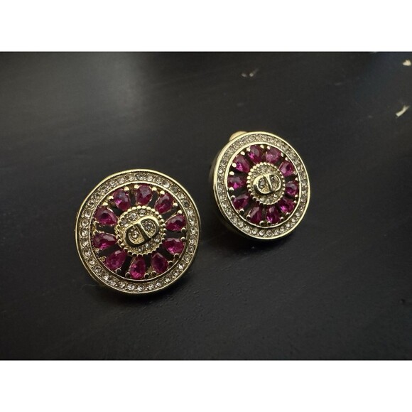 Christian Dior Stamped CD Authentic Magenta Crystals Medallion Stud Earrings - Picture 15 of 16